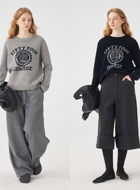 3ONE美式学院风复古提花经典圆领长袖毛衣女100绵羊毛字母印花