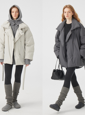 3ONEJennie风造型感袍式腰绳羽绒服女短款保暖翻领宽松设计感外套