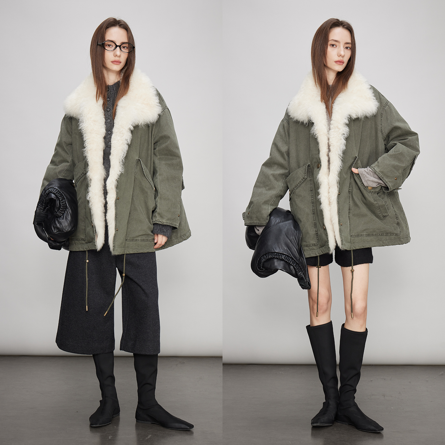 军绿色毛领派克羽绒服