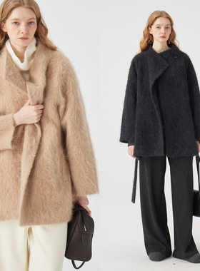 3ONE老钱风羊毛羊绒垂荡多穿领型短款拉毛大衣女系带收腰气质大衣