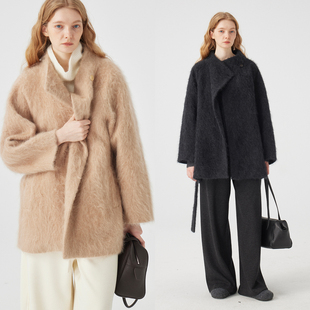 3ONE老钱风羊毛羊绒垂荡多穿领型短款 拉毛大衣女系带收腰气质大衣