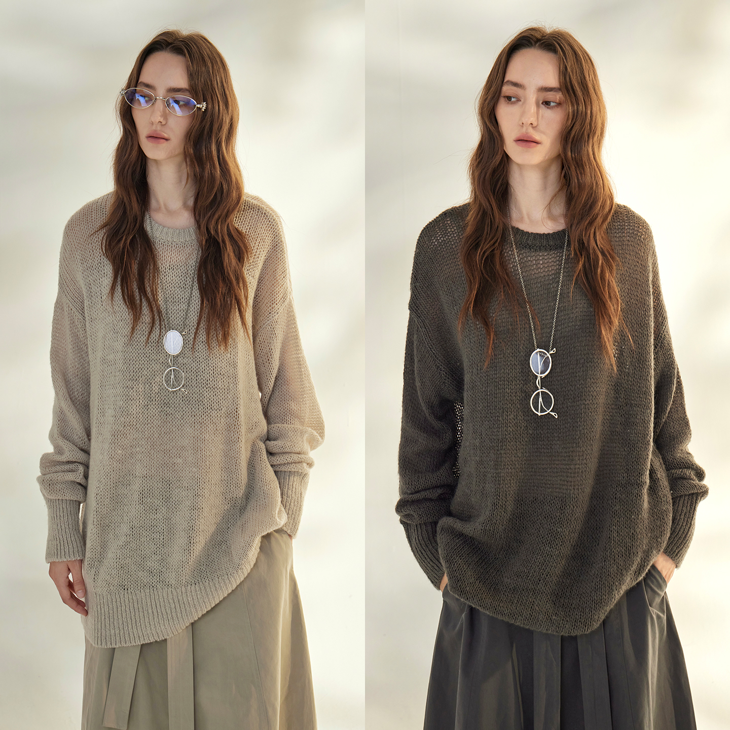 3ONE马海毛慵懒宽松镂空套头毛衣