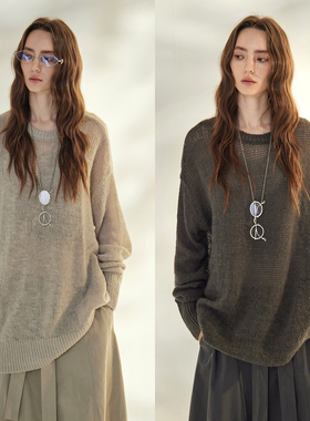 3ONE慵懒ROW风宽松圆领套头毛衣女 镂空廓版松弛感镂空长袖罩衫