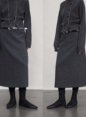 3ONE 知识分子miu系100羊毛灰色格纹直筒后腰V字开衩时髦西装半裙