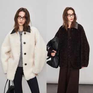 3ONE秋冬新款100%羊毛皮领拼接羊剪绒皮毛一体中长款羊羔毛外套