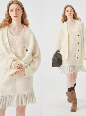 3ONE慵懒风气质V领针织开衫+拼接连衣裙套装高级感休闲毛衣两件套