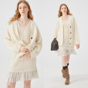 3ONE慵懒风气质V领针织开衫 高级感休闲毛衣两件套 拼接连衣裙套装