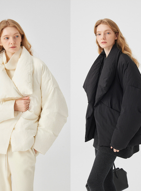 3ONE轻熟简约风90白鹅绒不对称随性立/翻领被子羽绒服女宽松保暖