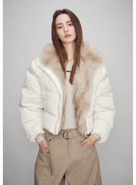 3ONE白色短款皮草90白鹅绒三防超蓬松狐狸毛羽绒服面包服保暖外套