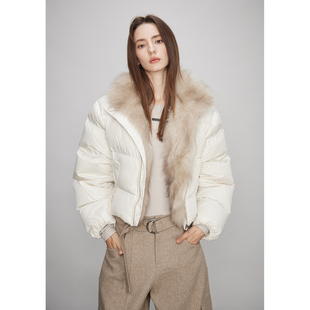 3ONE白色短款皮草90白鹅绒三防超蓬松狐狸毛羽绒服面包服保暖外套