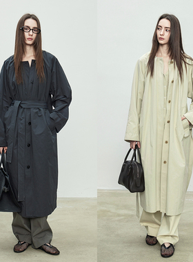 3ONE极简Row风廓型无领系带设计感宽松lemair高级感长款风衣外套