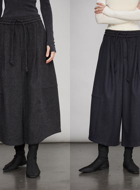 3ONE高克重密垂羊毛 圆弧萝卜裤 九分松紧腰显瘦休闲毛呢镰刀裤