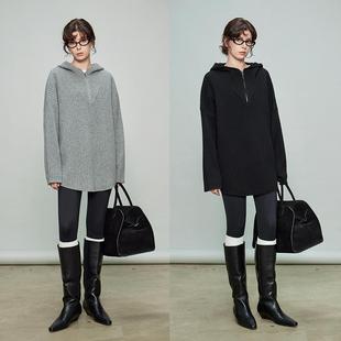 3ONE秋冬新款全羊毛连帽显瘦坑条肌理半拉链设计感毛衣针织衫外套