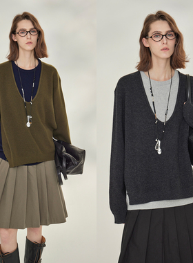 3ONE极简ROW风老钱撞色假两件针织衫 复古廓形圆领拼接套头毛衣女