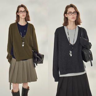 3ONE极简ROW风老钱撞色假两件针织衫 复古廓形圆领拼接套头毛衣女