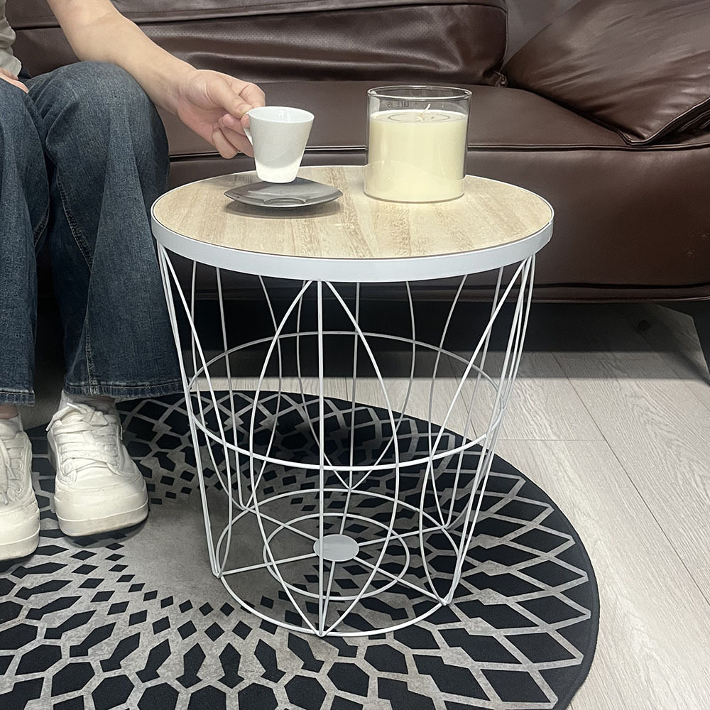 北欧简易铁艺可收纳茶几创意沙发角迷你边几角几镂空脏衣篓摆件