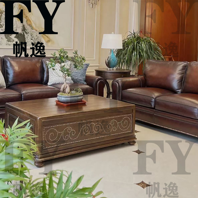 美式ART家具橡木威士忌长方形储物茶几桌实木复古做旧铜钉咖啡桌
