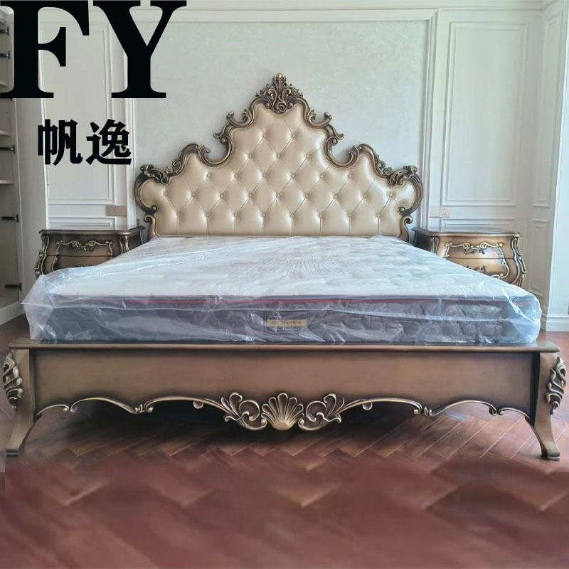 美式欧林斯家具女王皇冠床实木复古雕花双人床真皮1.8米软包婚床