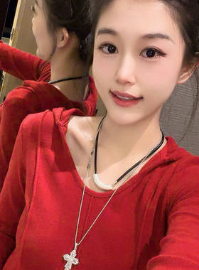 欧货十三行新款红色连帽蚂蚁腰显瘦弹力长袖卫衣德绒帽衫T恤卫衣