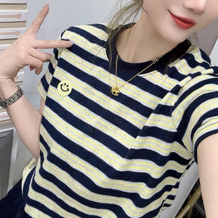 欧货春夏新款休闲慵懒风条纹短袖T恤女笑脸刺绣圆领百搭显瘦小衫