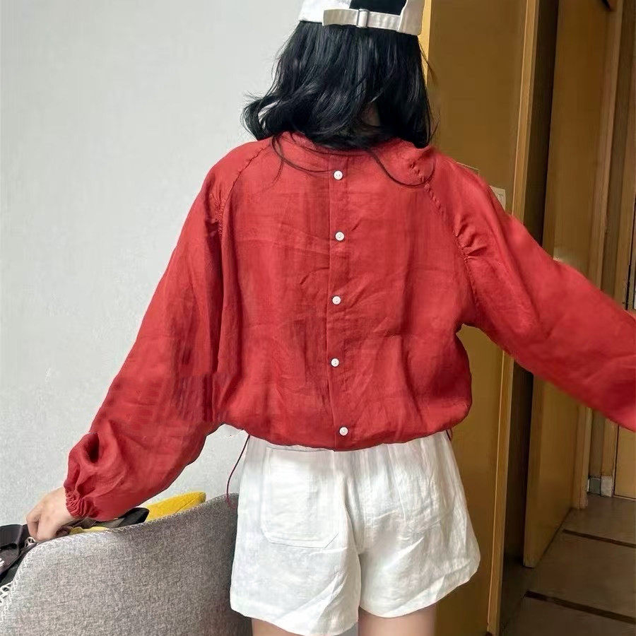 欧货夏季洋气女装麻料宽松圆领长袖T恤上衣大码防晒衫显瘦百搭潮