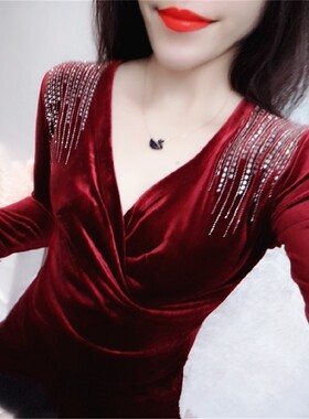 烫钻修身v领长袖小衫打底衫