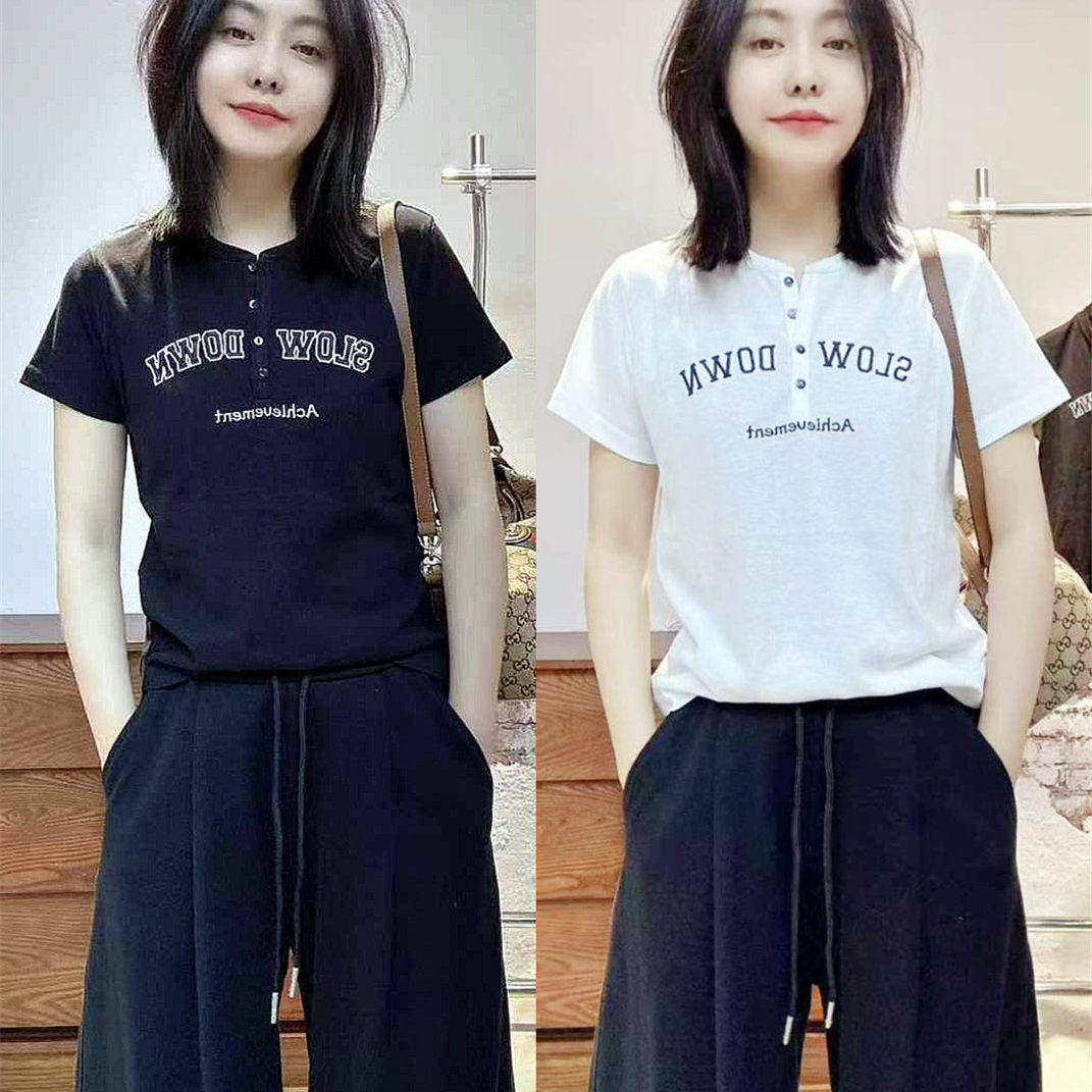 欧货春季新款小衫黑白重工扣板字母圆领半袖T恤小衫打底衫上衣潮T