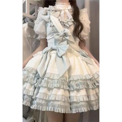 蓝白甜美打歌服lolita连衣裙套装可爱洛丽塔蝴蝶结蓬蓬公主裙