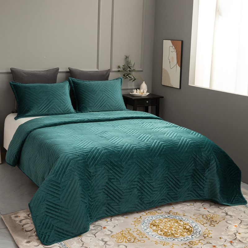 秋冬加绒夹棉床盖单件水晶绒绗缝纯色牛奶绒榻榻米保暖床单三件套