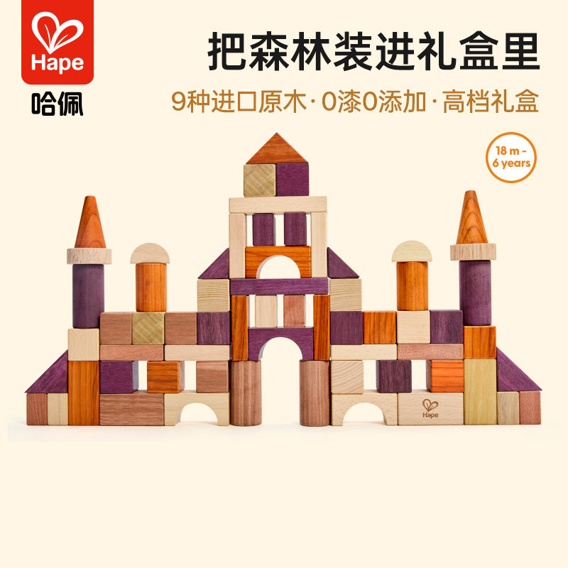 Hape80粒积木益智拼装大颗粒玩具 1岁男女孩儿童宝宝早教儿童启蒙