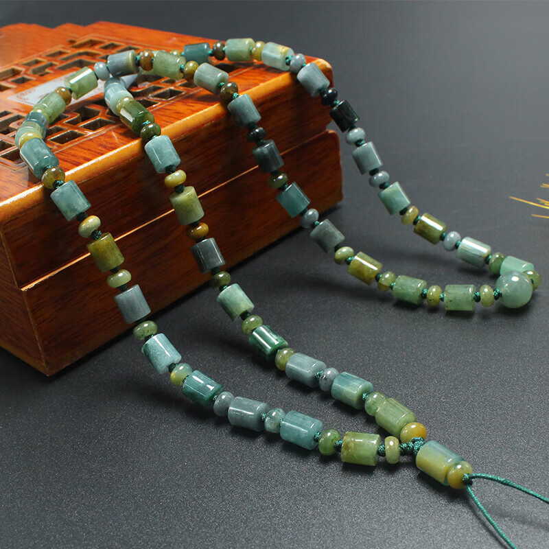 天然A货翡翠项链男士款圆柱形玉珠子带雪花棉项链玉石挂绳带证书