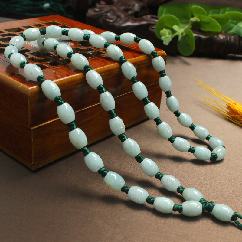 天然A货翡翠项链 玉珠项链男女款飘黄玉珠子飘花玉石挂绳转运珠