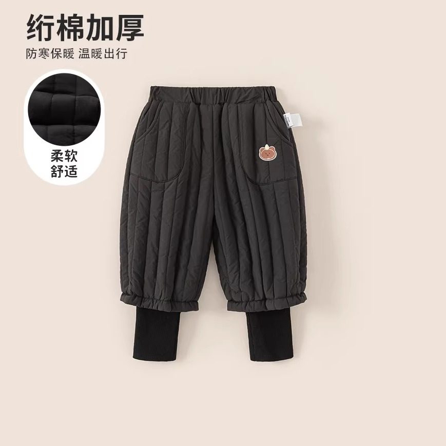 儿童假两件裤子绗棉加厚男女宝宝束脚裤童装冬款日系流行儿童棉裤