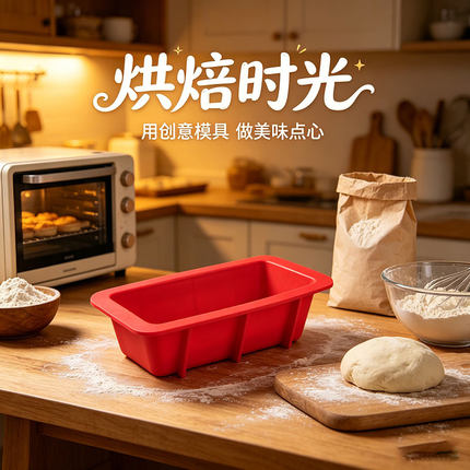 烘焙时光食品级硅胶长方形烘焙模具家用小容量面包蛋糕红色模具