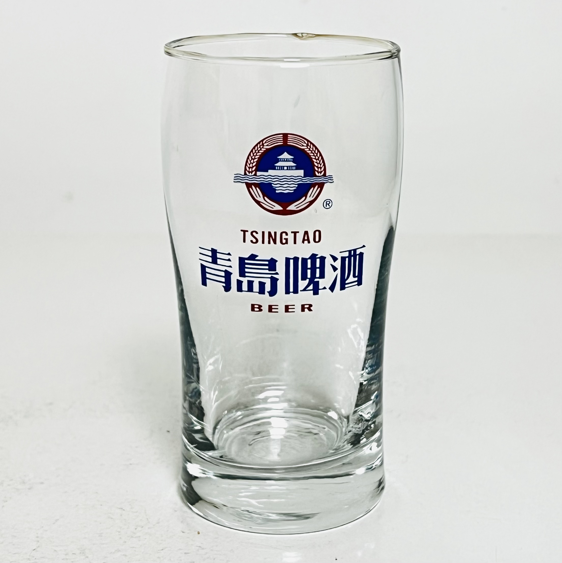 早期青岛啤酒杯蓝色字体台湾版文字杯老物件玻璃杯水杯饮料杯酒杯