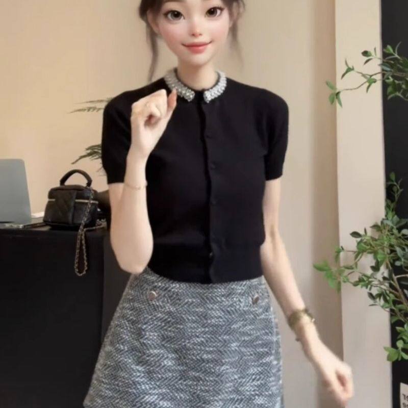法式小香风镶钻圆领减龄短袖针织衫女夏季小众独特超好看漂亮上衣