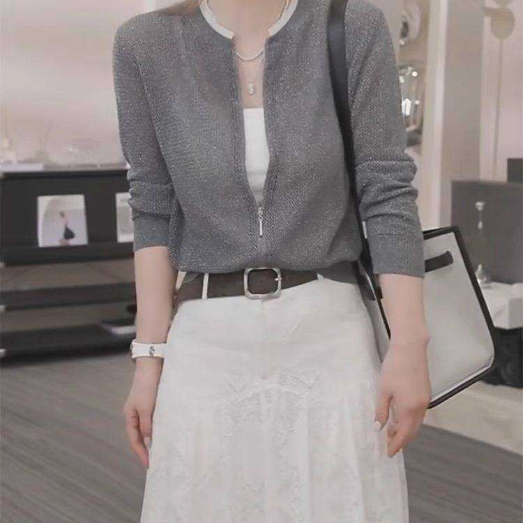 时尚圆领拉链冰丝针织开衫2025春季新款气质百搭上衣高级感短外套,女装/女士精品,毛针织衫,淘宝优惠券,粉丝福利购,淘宝优惠卷