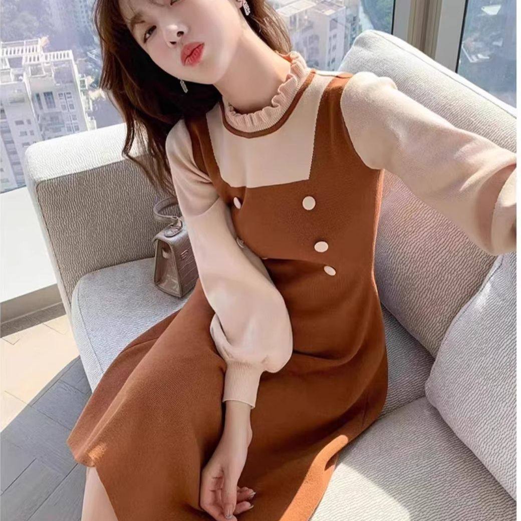 秋季新款冬装法式修身洋气针织裙小个子气质收腰显瘦假两件连衣裙,女装/女士精品,毛针织衫,淘宝优惠券,粉丝福利购,淘宝优惠卷