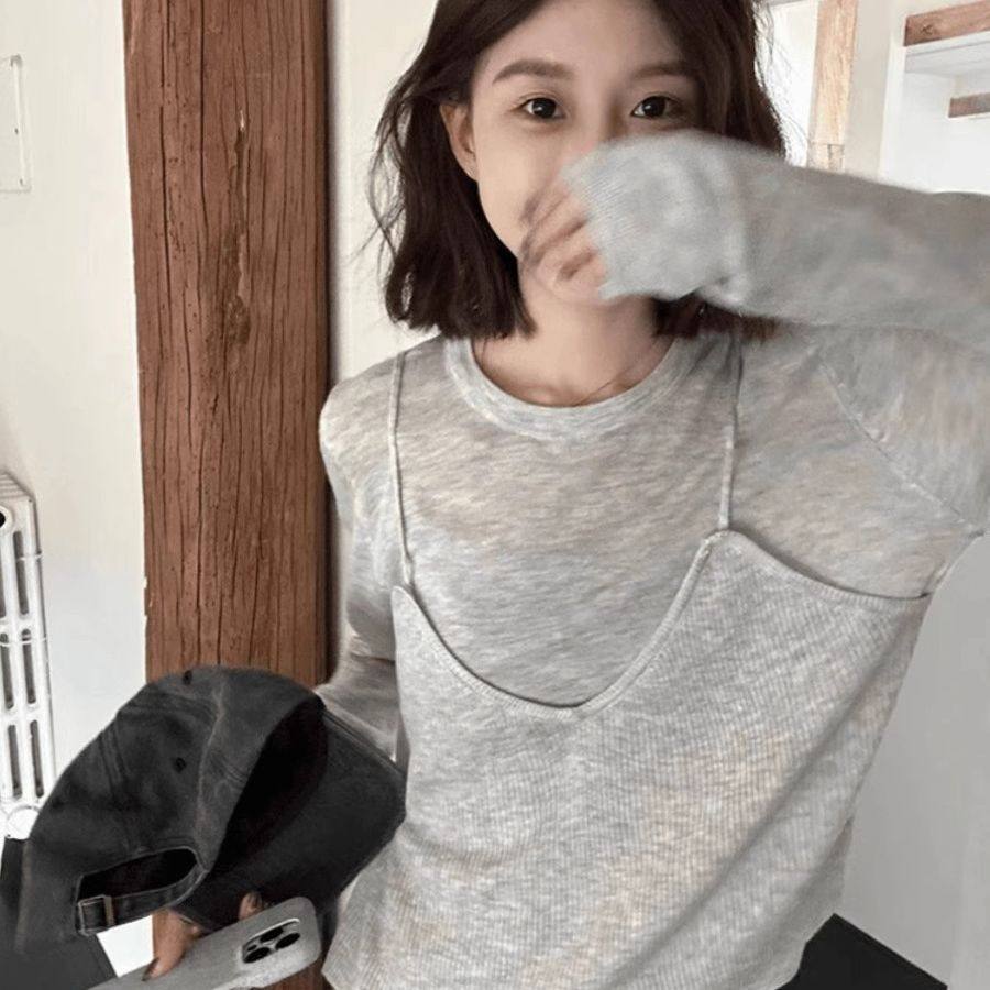 chic韩系灰色假两件针织衫春秋女2025春季穿搭慵懒风短款长袖上衣