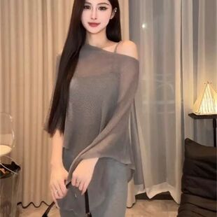 不规则一字领斜肩斗篷防晒衫女夏季宽松慵懒风薄款冰丝针织衫上衣