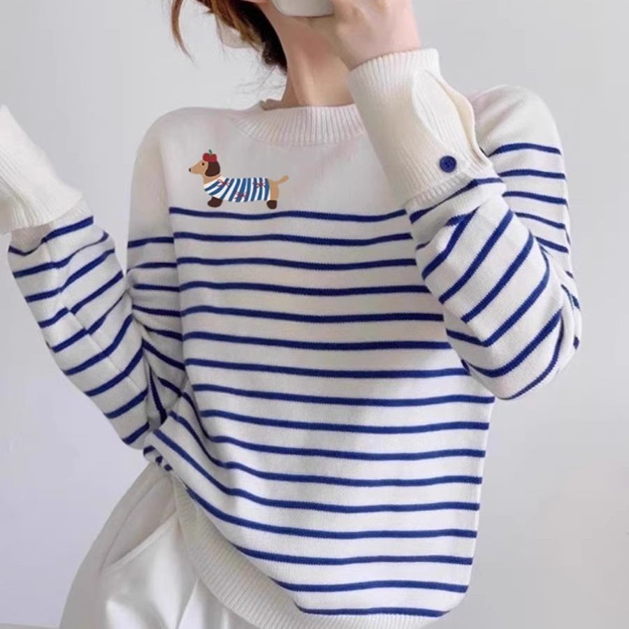白色条纹卡通小狗针织衫女秋冬季2025新款内搭打底衫圆领条纹毛衣