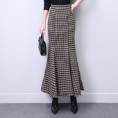 秋冬新款 长裙毛呢格子鱼尾裙千鸟格包臀裙高腰显瘦a字半身裙冬裙