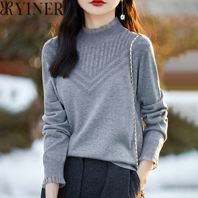 影音儿女装清仓折扣半高领羊毛针织衫春秋蕾丝木耳边打底衫毛衣