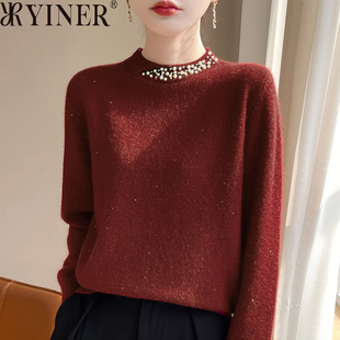 圆领钉珠亮片针织衫 影音儿女装 款 毛衣25春季 清仓折扣设计感羊毛衫