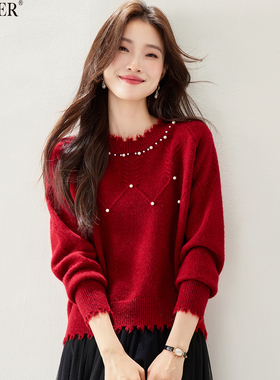 影音儿女装清仓折扣特价红色复古羊毛针织衫冬季钉珠流苏宽松毛衣