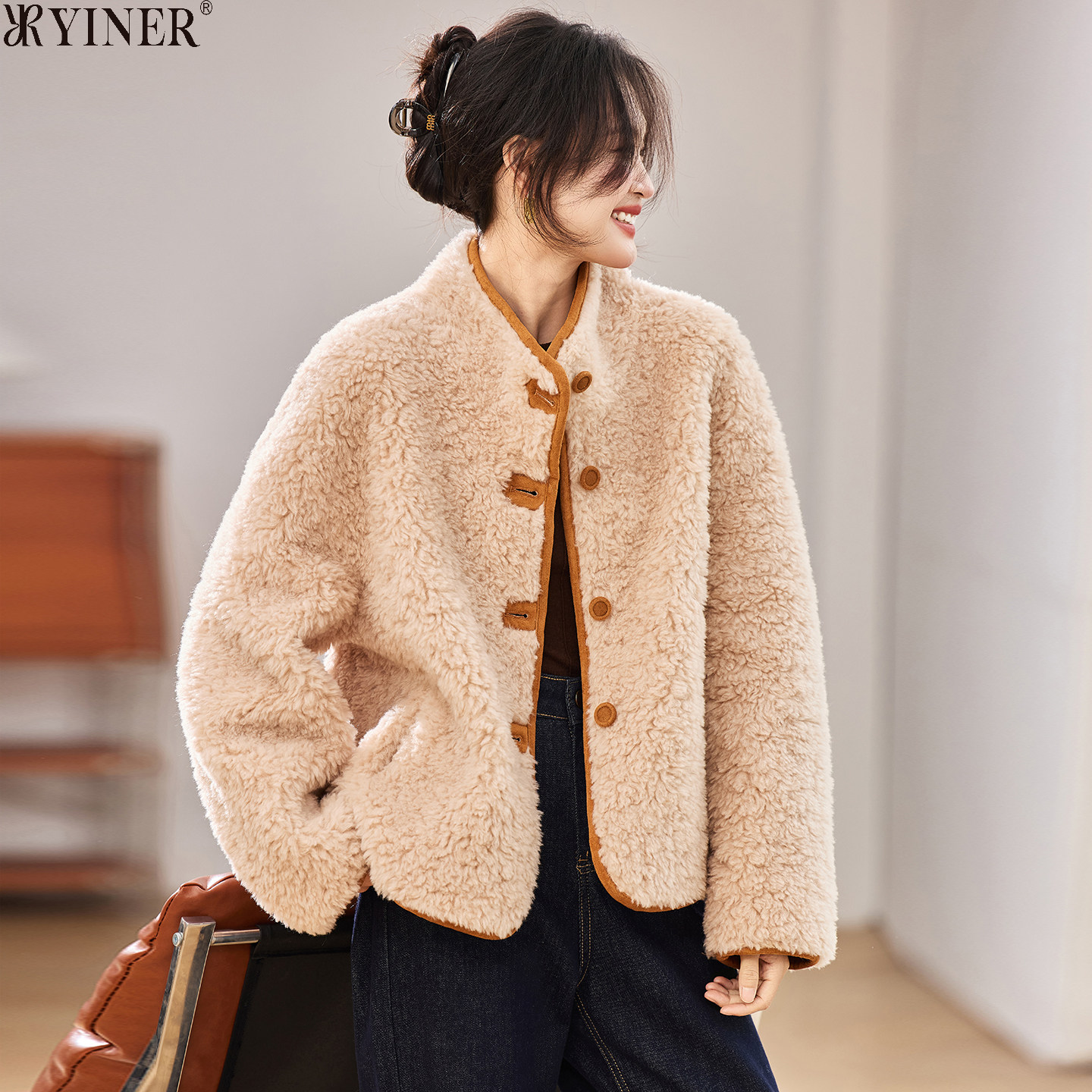 音儿美地女装清仓折扣两面穿皮草冬季款羊羔毛宽松单排扣气质外套