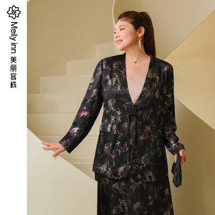 【醋酸】美丽客栈新中式缎面印花宽松大码西装女高级小众设计外套