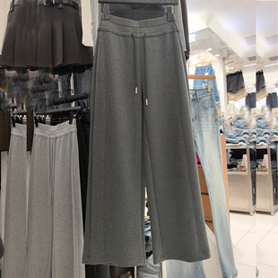 YIMOXI高腰松紧腰长裤女2026春秋宽松阔腿裤抽绳直筒灰色休闲裤