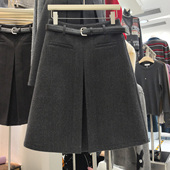 希贝尔茜茜高腰前褶皱中裙女2025冬季 显瘦人字纹百搭A字半身裙子