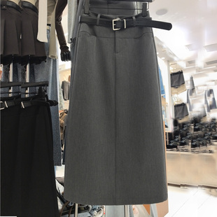 YIMOXI高腰长裙女2026春夏秋后开叉直筒A字裙气质百搭时尚半身裙